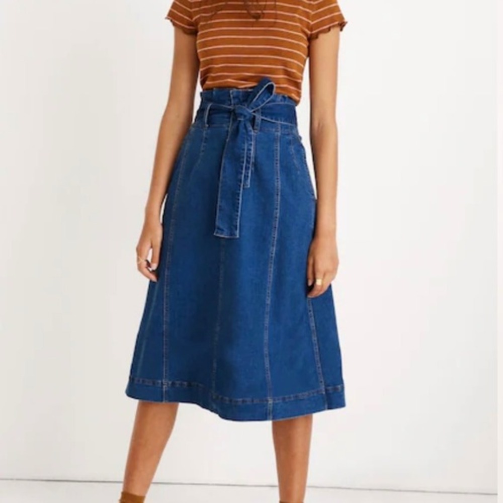 Madewell Womens 10 Stretch Denim Paperbag‎ Midi Skirt in Indigo Wash Cotton New